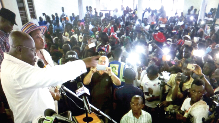  Nana Akufo-Addo addressing students of the Pentecost University College when he toured the Anyaa-Sowutuom Constituency in Accra. On his left is Madam Ayorkor Boctchway, MP for the area. Picture: SAMUEL TEI ADANO